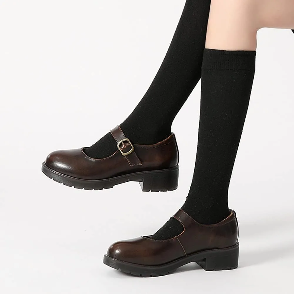 Women's Vintage Black/Brown Mary Jane Flats JK Uniform Dress Shoes