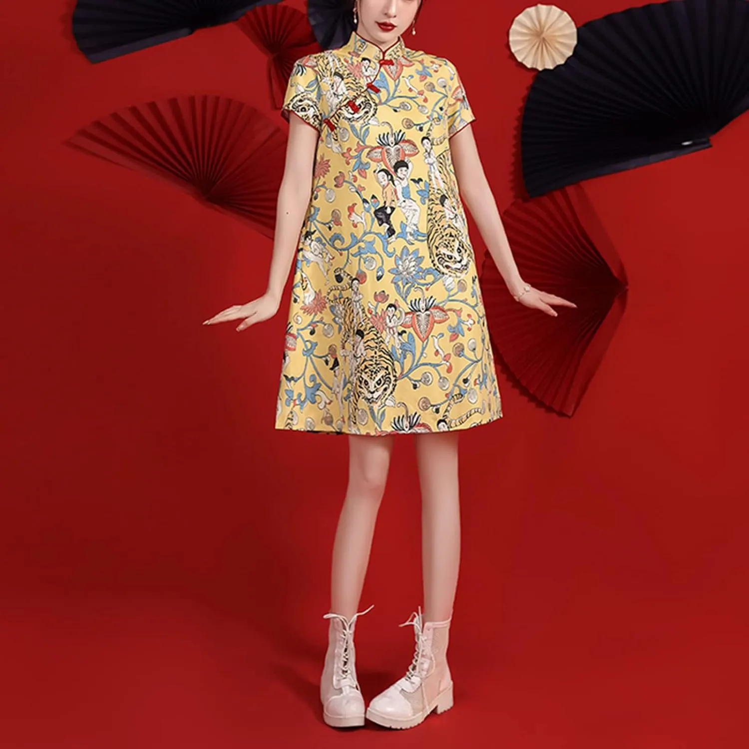 Women's Vintage Chinese Cheongsam Print Dress Short Sleeve Retro Side Slit Mini Loose Dress