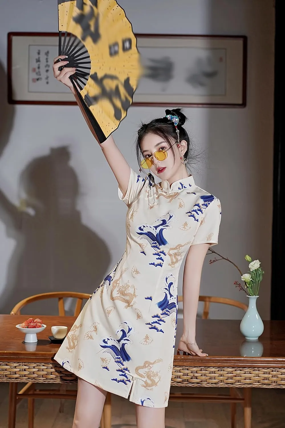 Women's Vintage Chinese Cheongsam Print Dress Short Sleeve Retro Side Slit Mini Loose Dress