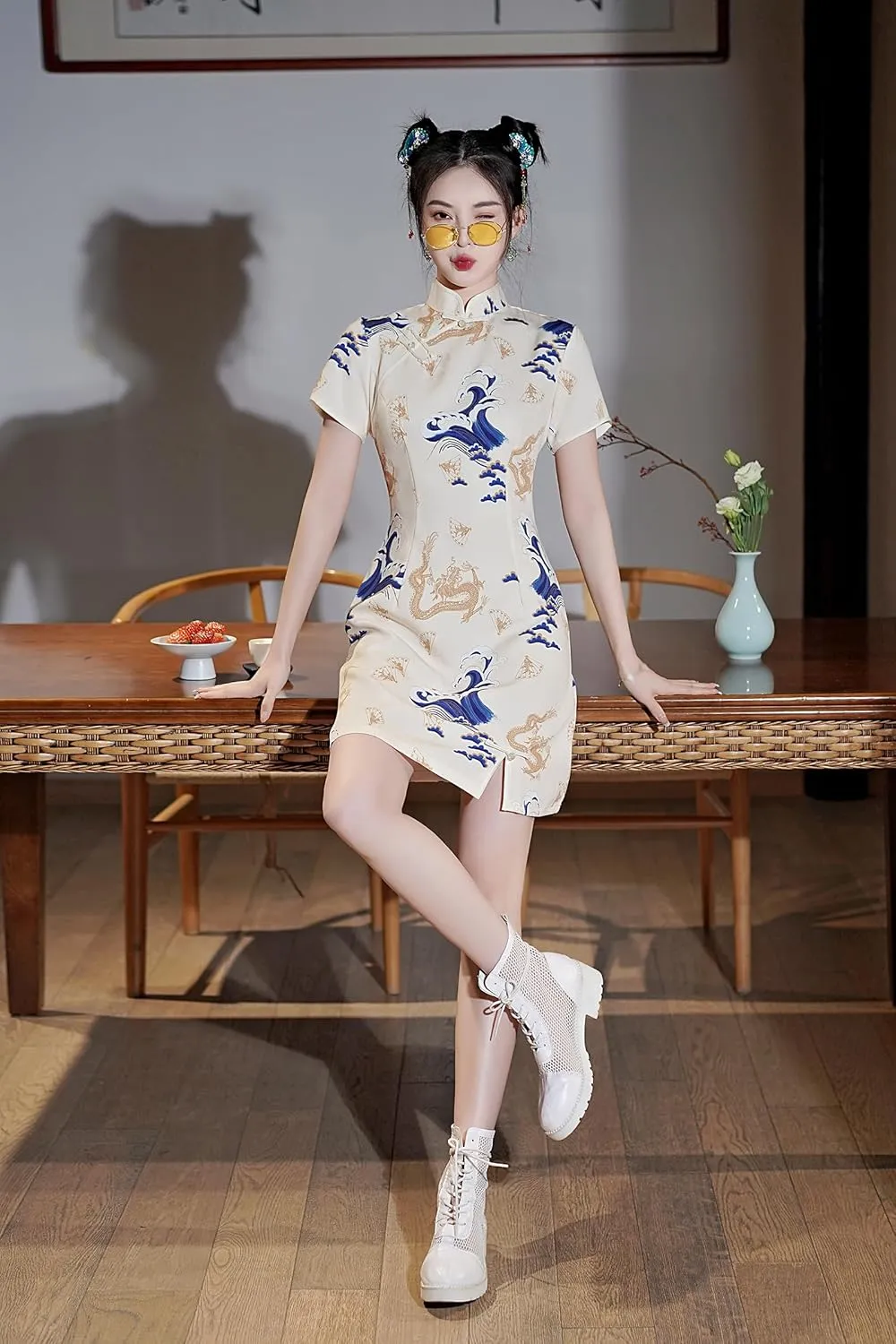 Women's Vintage Chinese Cheongsam Print Dress Short Sleeve Retro Side Slit Mini Loose Dress