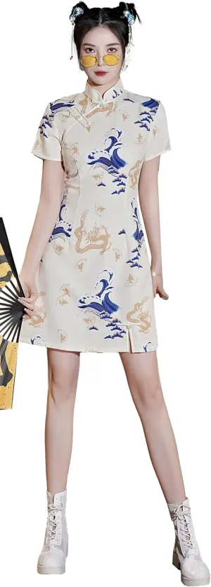 Women's Vintage Chinese Cheongsam Print Dress Short Sleeve Retro Side Slit Mini Loose Dress