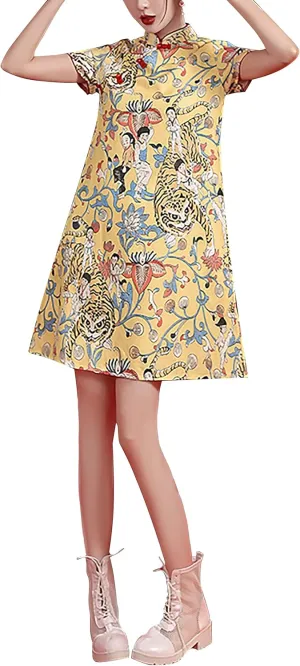 Women's Vintage Chinese Cheongsam Print Dress Short Sleeve Retro Side Slit Mini Loose Dress