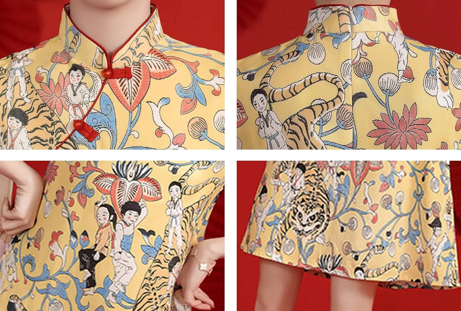 Women's Vintage Chinese Cheongsam Print Dress Short Sleeve Retro Side Slit Mini Loose Dress