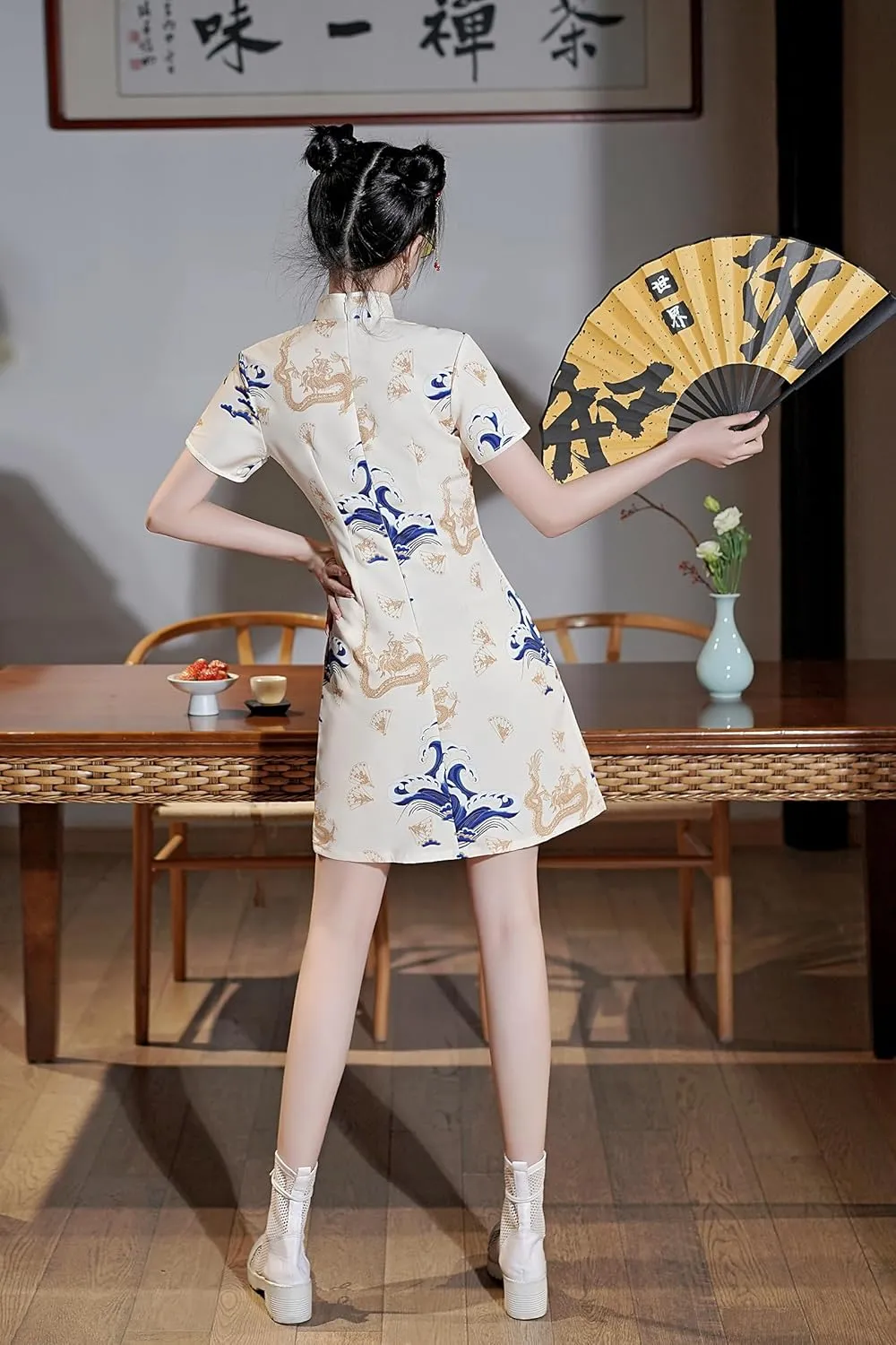 Women's Vintage Chinese Cheongsam Print Dress Short Sleeve Retro Side Slit Mini Loose Dress
