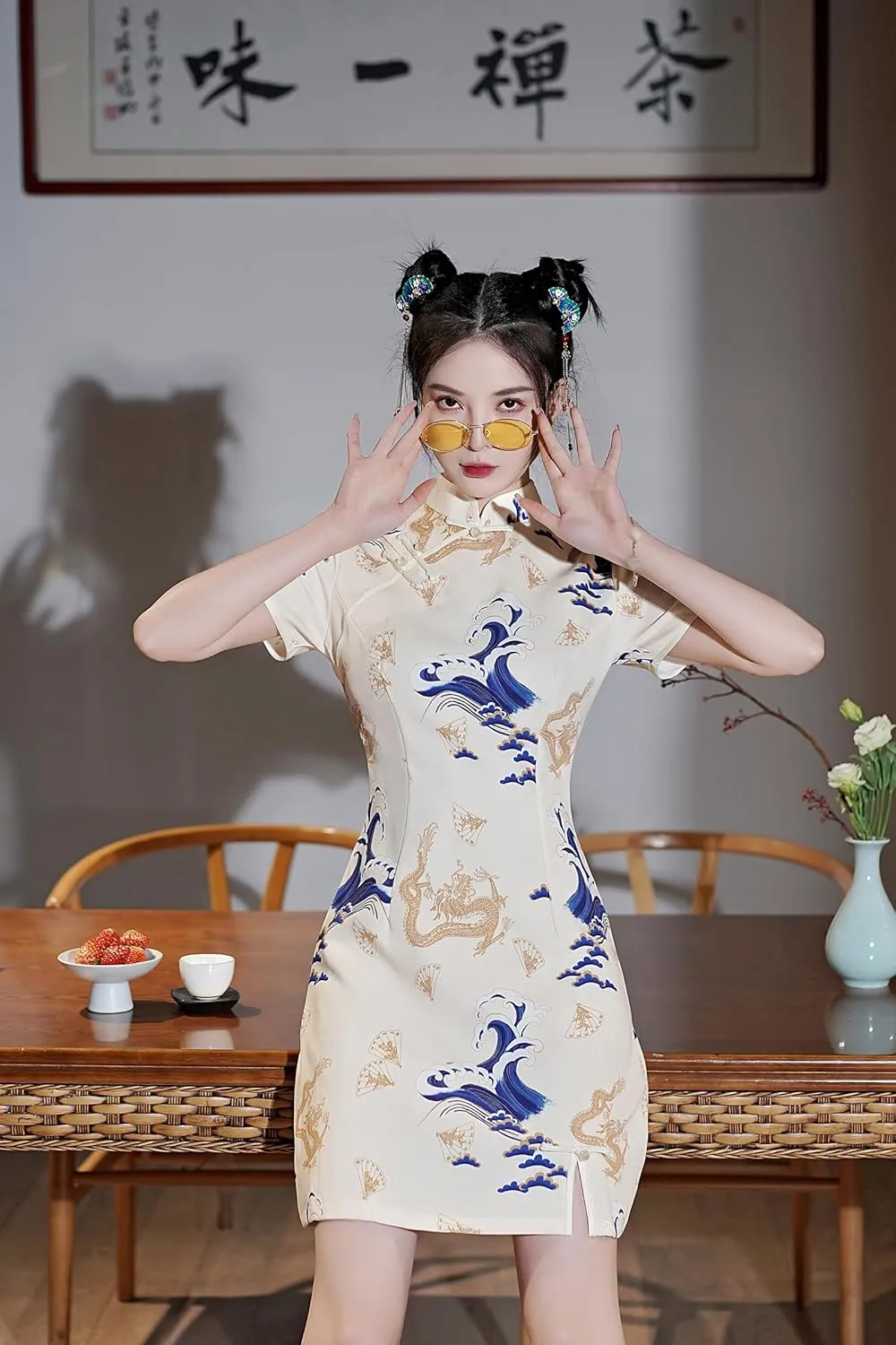 Women's Vintage Chinese Cheongsam Print Dress Short Sleeve Retro Side Slit Mini Loose Dress