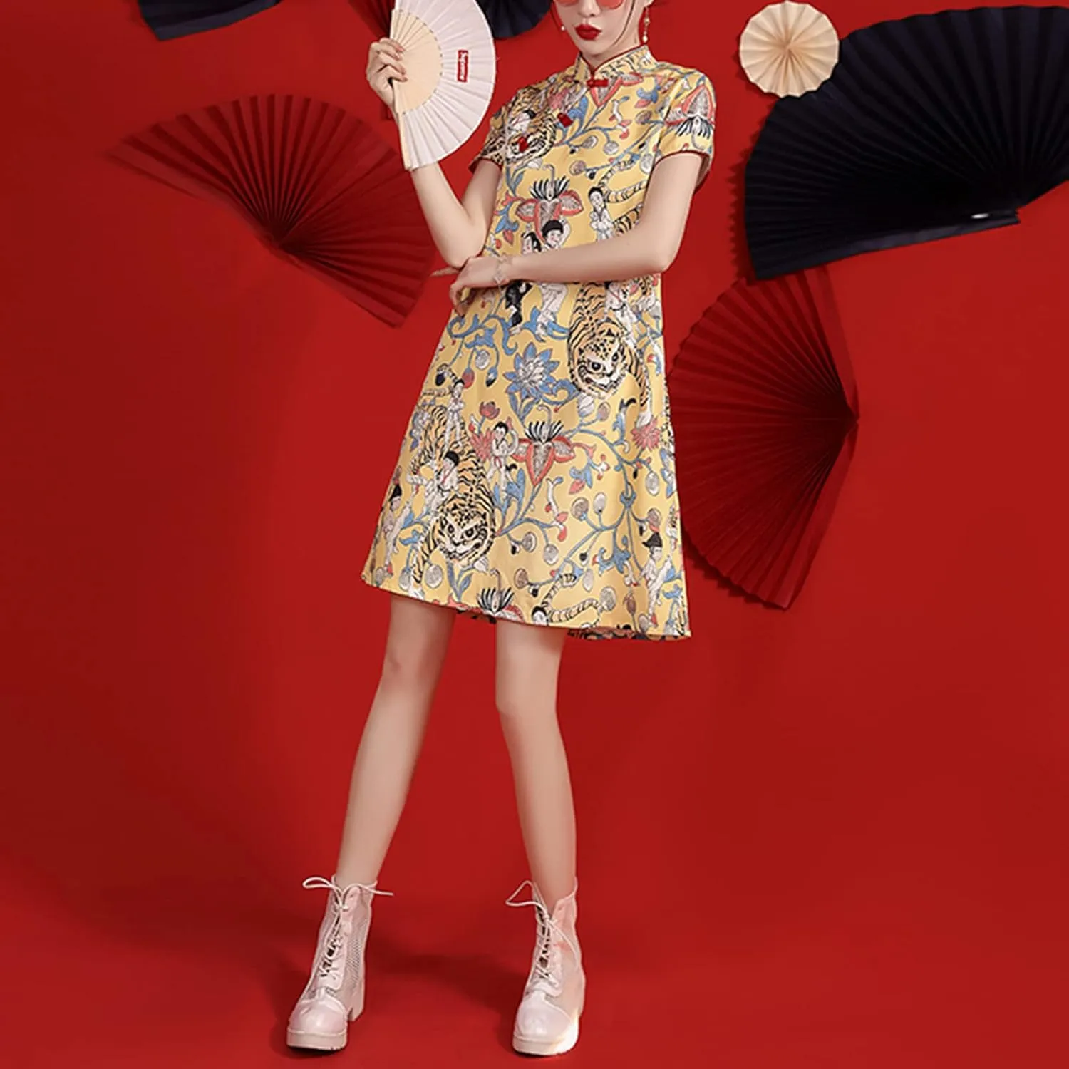 Women's Vintage Chinese Cheongsam Print Dress Short Sleeve Retro Side Slit Mini Loose Dress