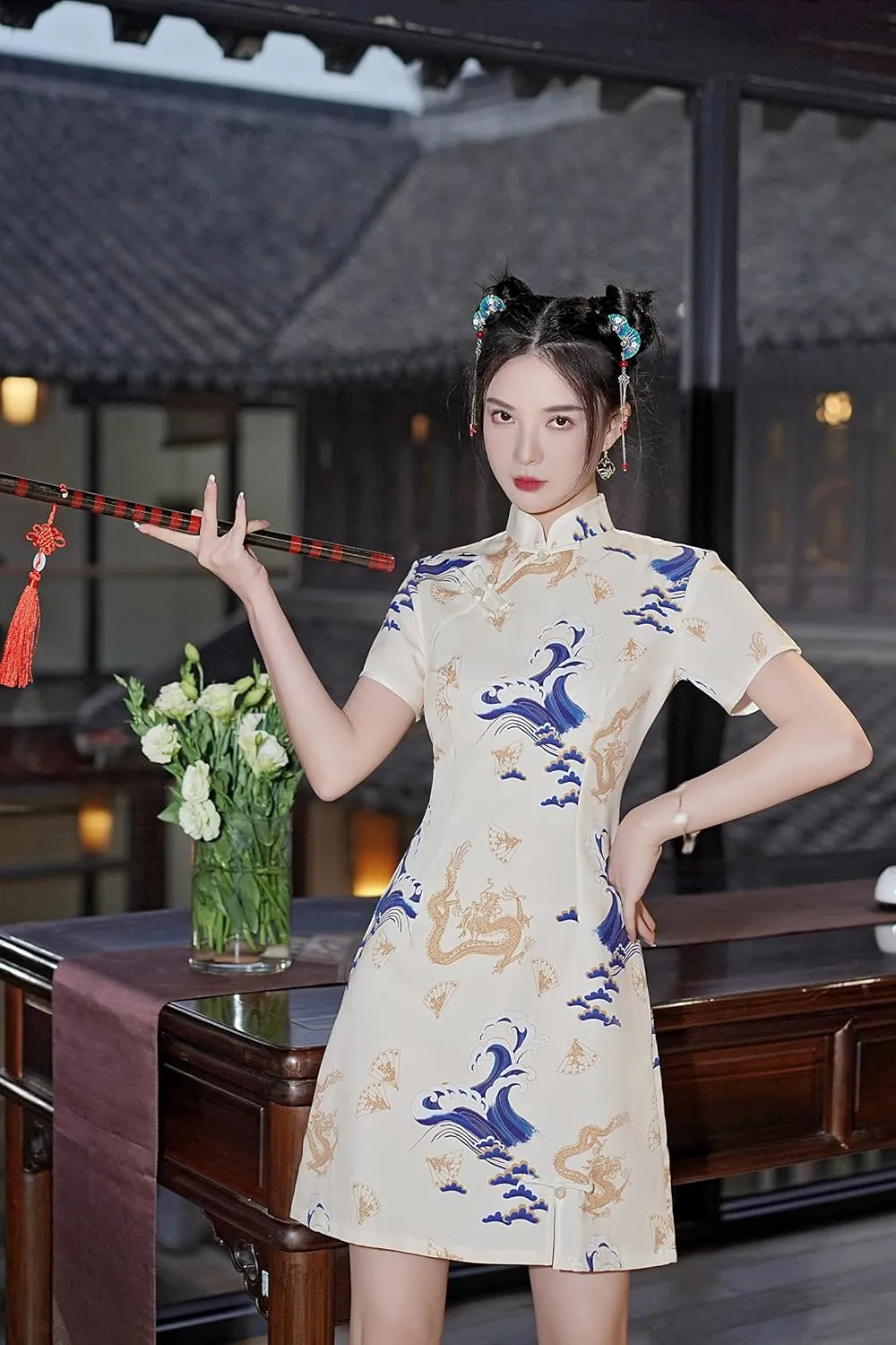 Women's Vintage Chinese Cheongsam Print Dress Short Sleeve Retro Side Slit Mini Loose Dress