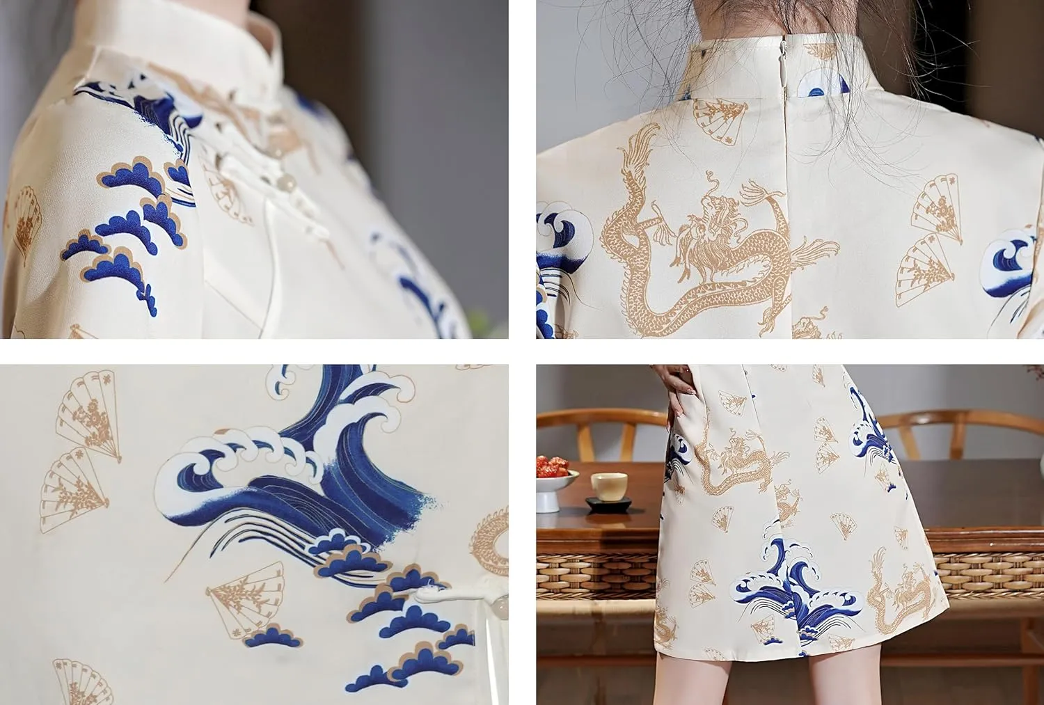 Women's Vintage Chinese Cheongsam Print Dress Short Sleeve Retro Side Slit Mini Loose Dress