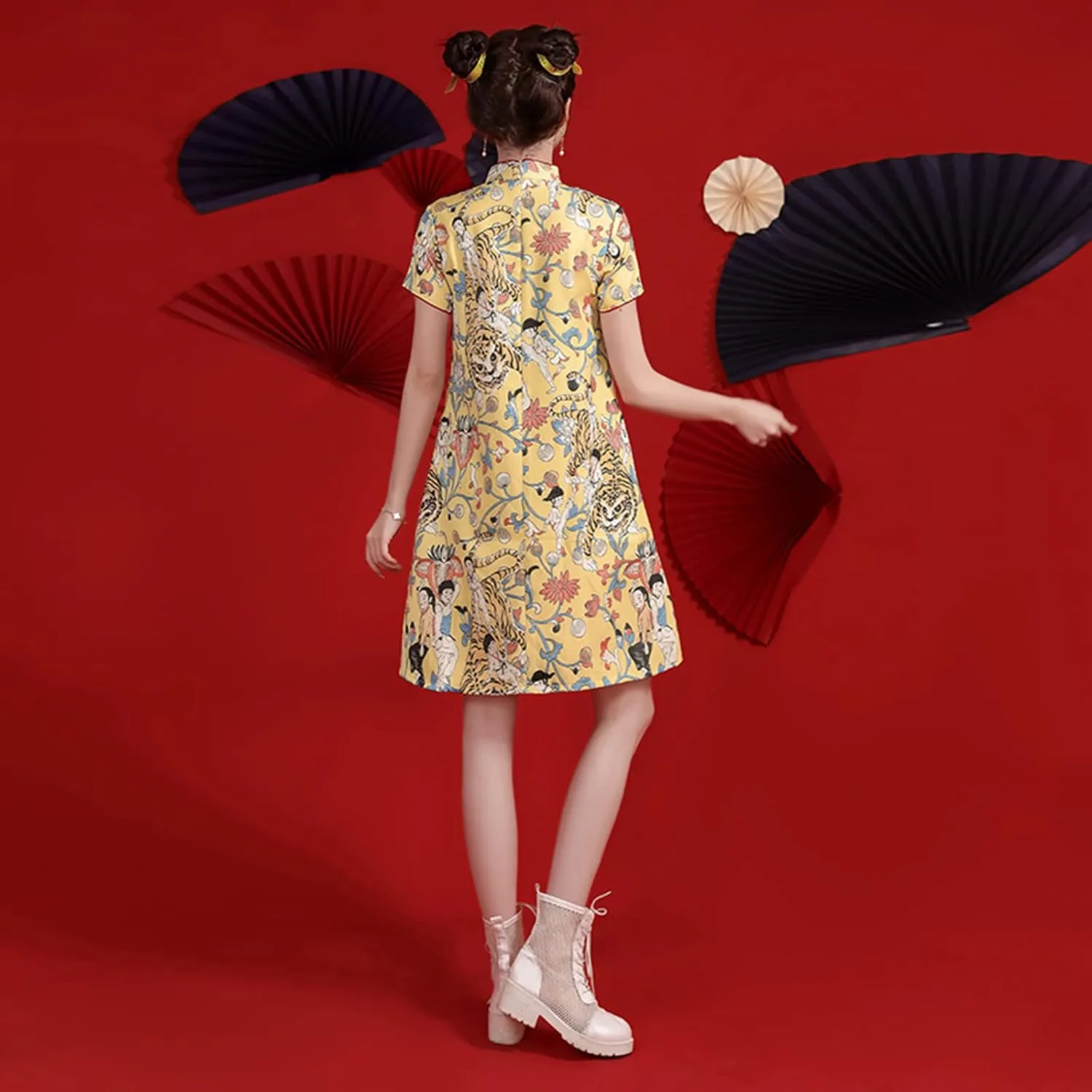 Women's Vintage Chinese Cheongsam Print Dress Short Sleeve Retro Side Slit Mini Loose Dress