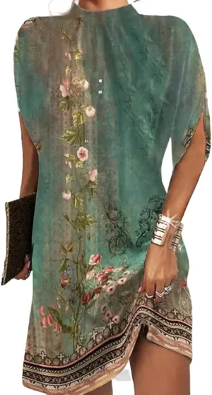 Women's Vintage Floral Print Green Mini Dress 2025 Summer Elegant Slim Round Neck Slit Short Sleeve Shift Short Dresses
