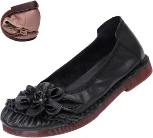 Women's Vintage Flower Leather Slip On Ballet Flats,Lightweight Comfort Non-Slip Ox Softsole Casual Dressy Pumps