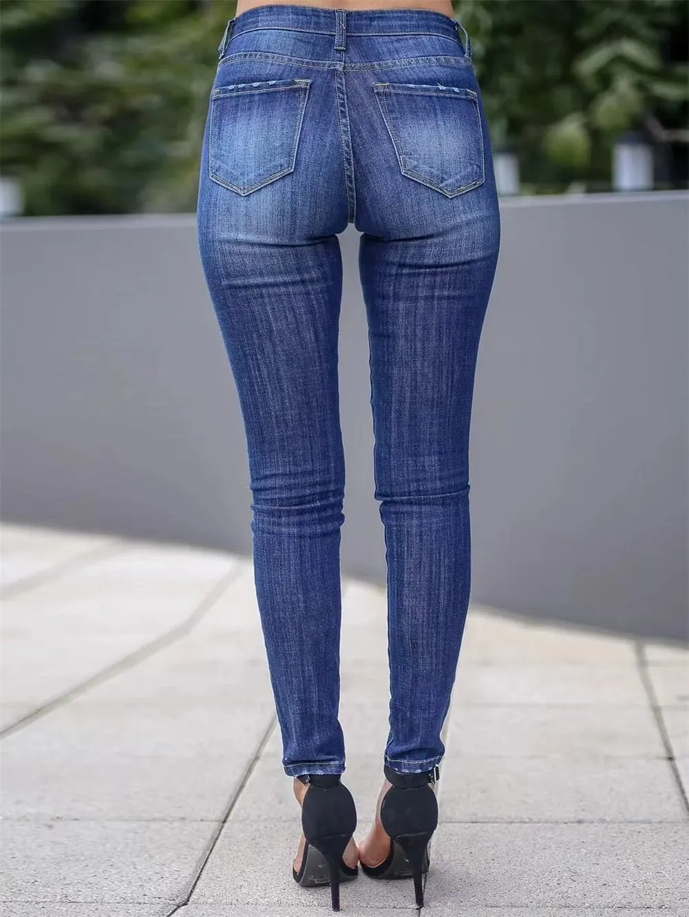 Women's Vintage Wash Jeans Contrast Stitching Solid Slim Skinny Pencil Pants