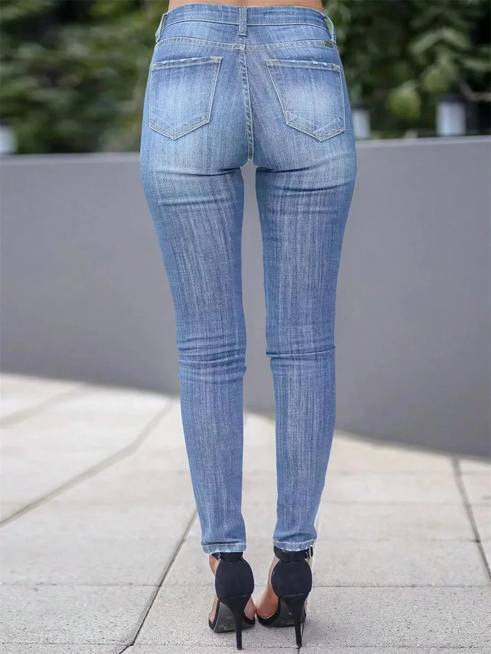 Women's Vintage Wash Jeans Contrast Stitching Solid Slim Skinny Pencil Pants