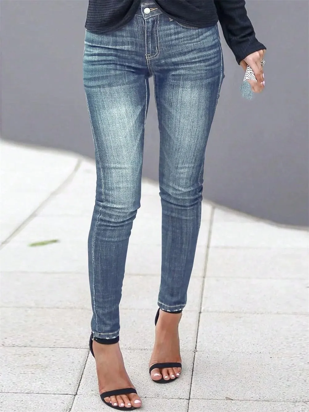 Women's Vintage Wash Jeans Contrast Stitching Solid Slim Skinny Pencil Pants