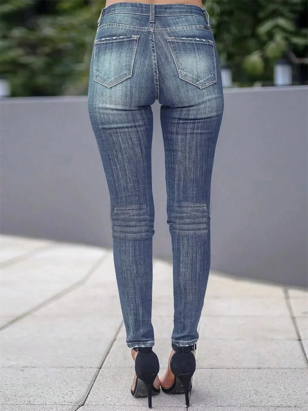 Women's Vintage Wash Jeans Contrast Stitching Solid Slim Skinny Pencil Pants