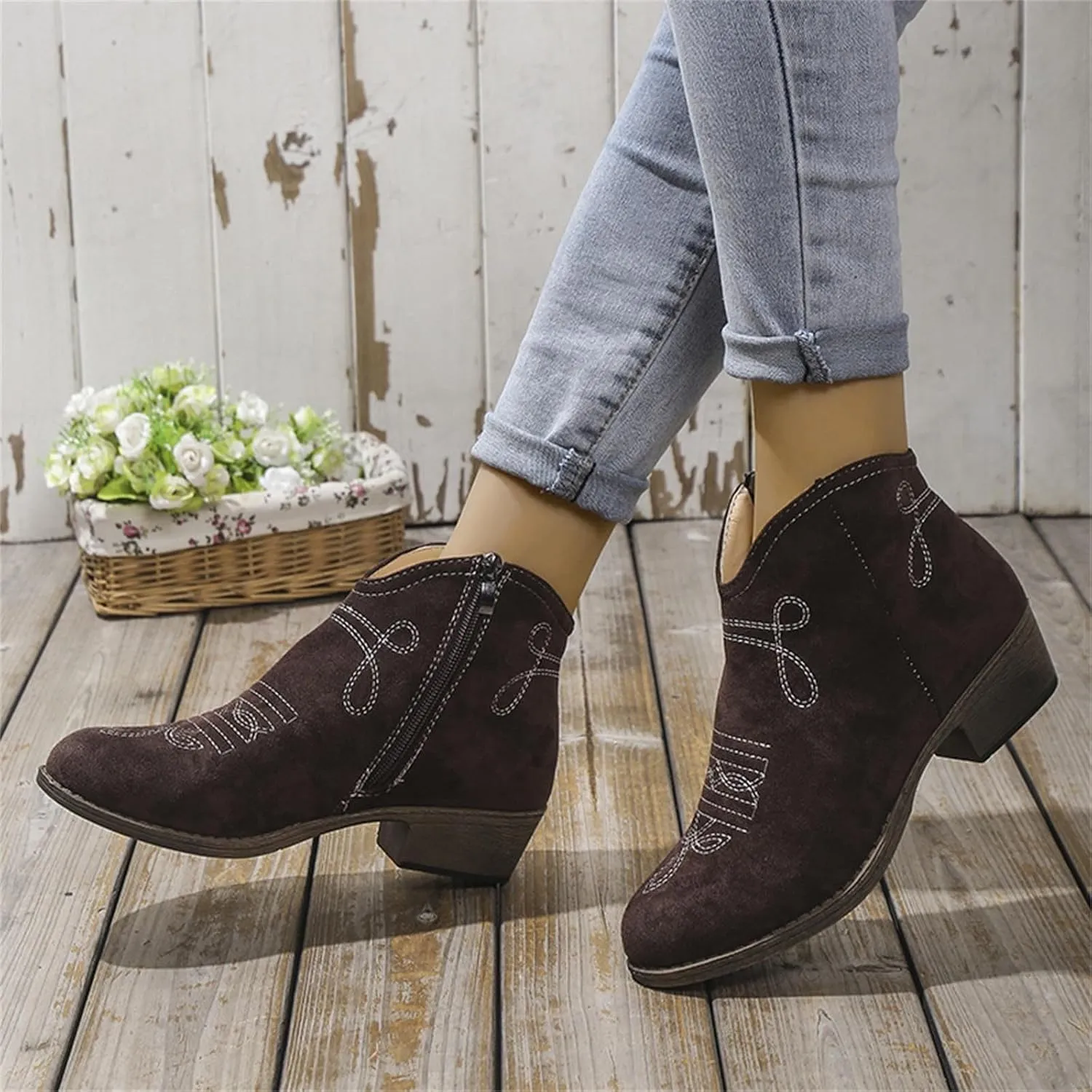 Womens Western Ankle Boots Womens Boots Ankle Western Suede Side Zipper Short Booties Casual Walking Shoes