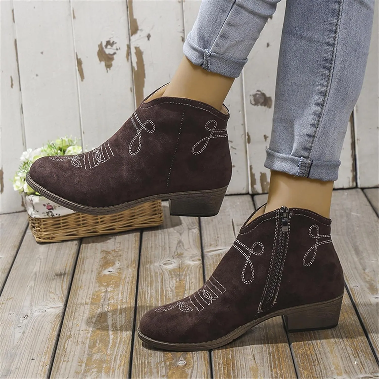 Womens Western Ankle Boots Womens Boots Ankle Western Suede Side Zipper Short Booties Casual Walking Shoes