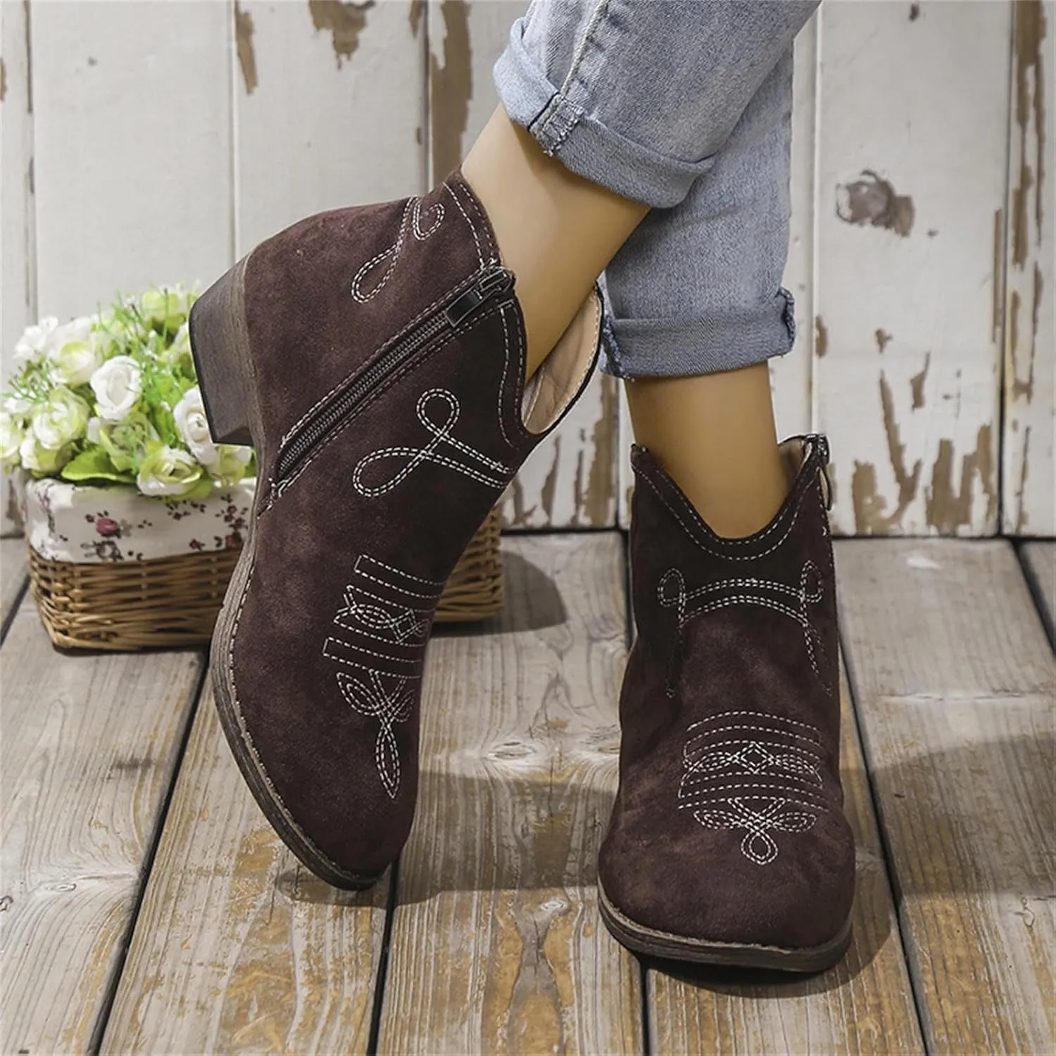 Womens Western Ankle Boots Womens Boots Ankle Western Suede Side Zipper Short Booties Casual Walking Shoes