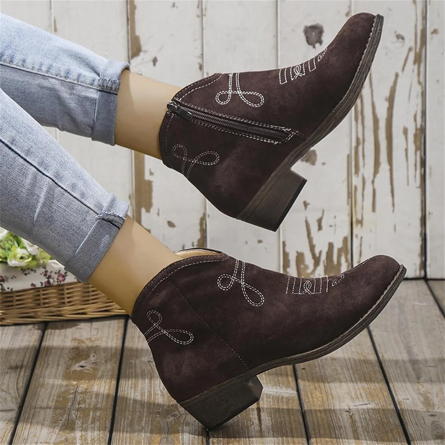 Womens Western Ankle Boots Womens Boots Ankle Western Suede Side Zipper Short Booties Casual Walking Shoes