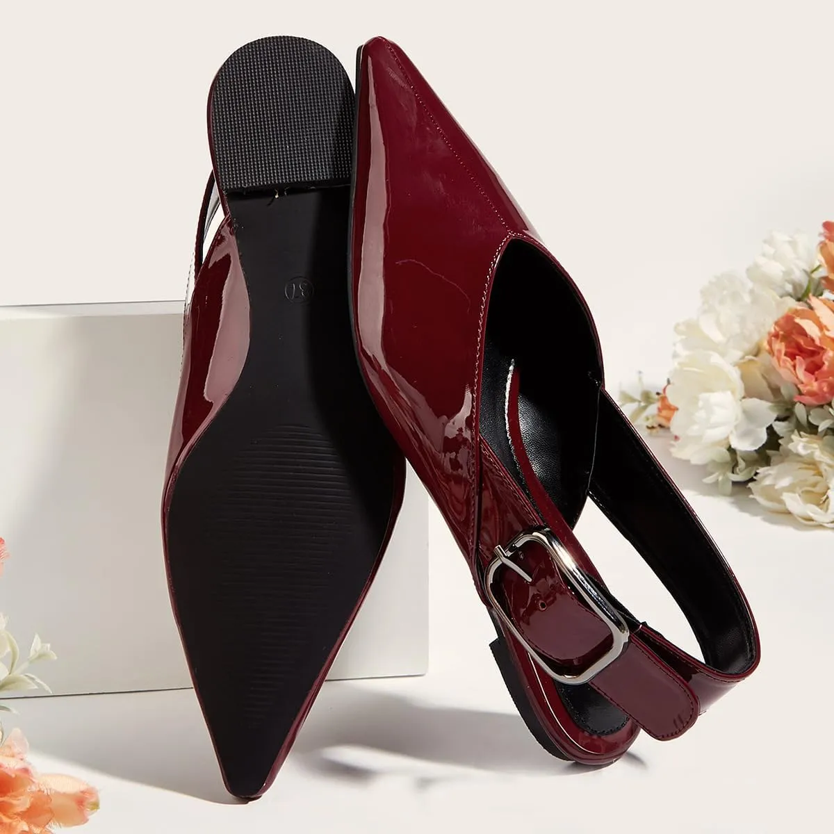 Women's Wide Welt Buckle Ballet Flats Pointed Toe Slingback Mules Mary Jane Flat Ballerina Shoes