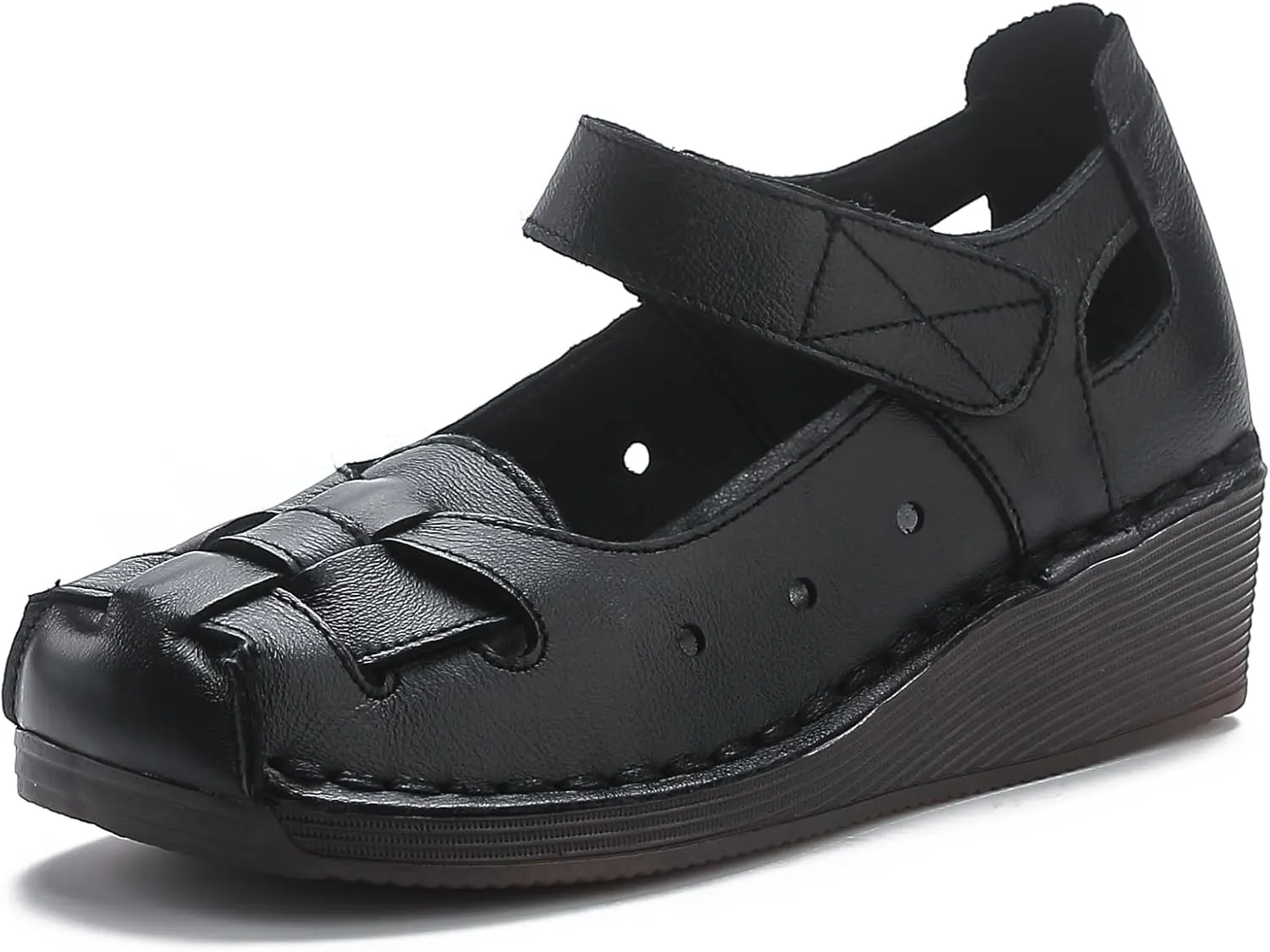 Women's Woven Leather Closed Toe Wedge Sandals,Adjustable Hook and Loop Handmade Comfortable Non-slip Oxford Soft Sole Walking Sandals Summer Vintage Dress Sandals