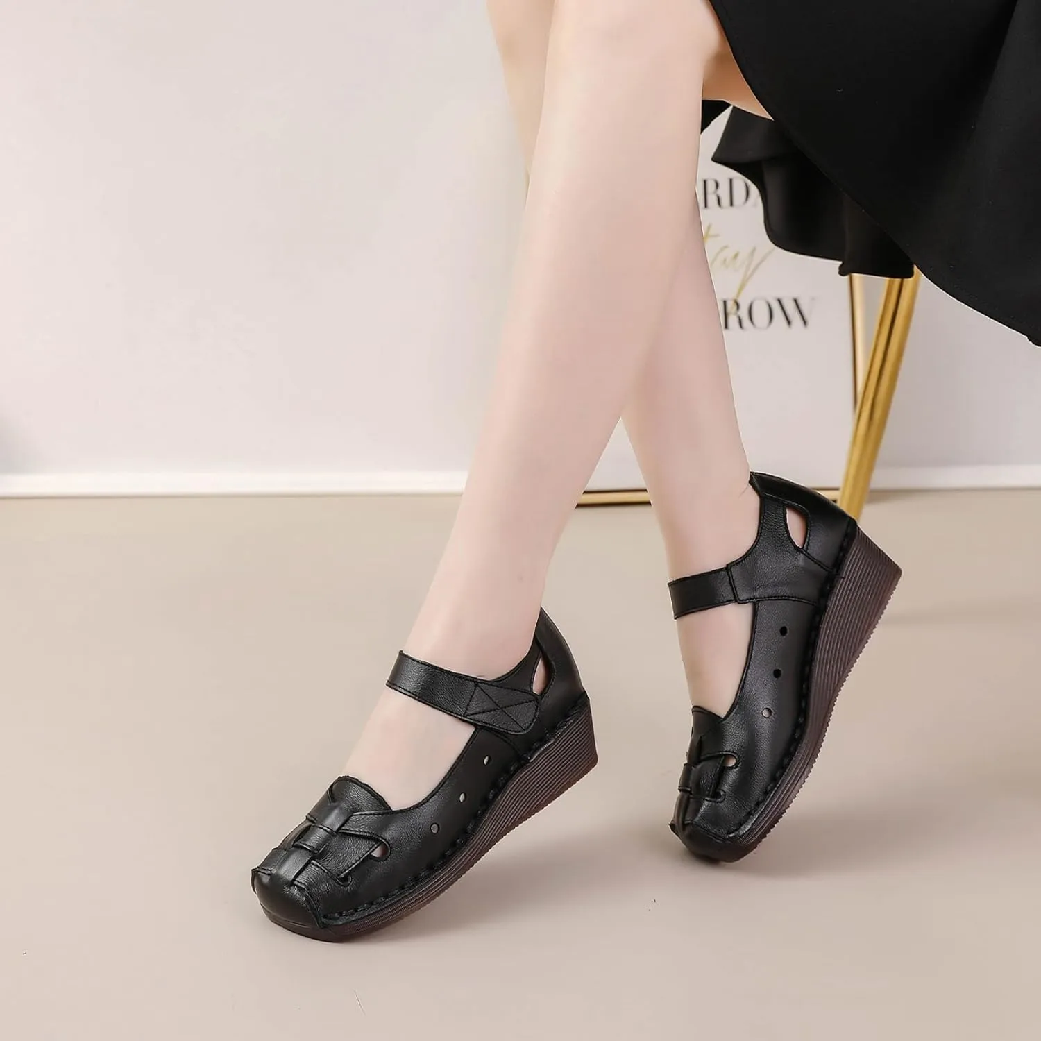 Women's Woven Leather Closed Toe Wedge Sandals,Adjustable Hook and Loop Handmade Comfortable Non-slip Oxford Soft Sole Walking Sandals Summer Vintage Dress Sandals