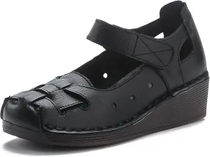 Women's Woven Leather Closed Toe Wedge Sandals,Adjustable Hook and Loop Handmade Comfortable Non-slip Oxford Soft Sole Walking Sandals Summer Vintage Dress Sandals