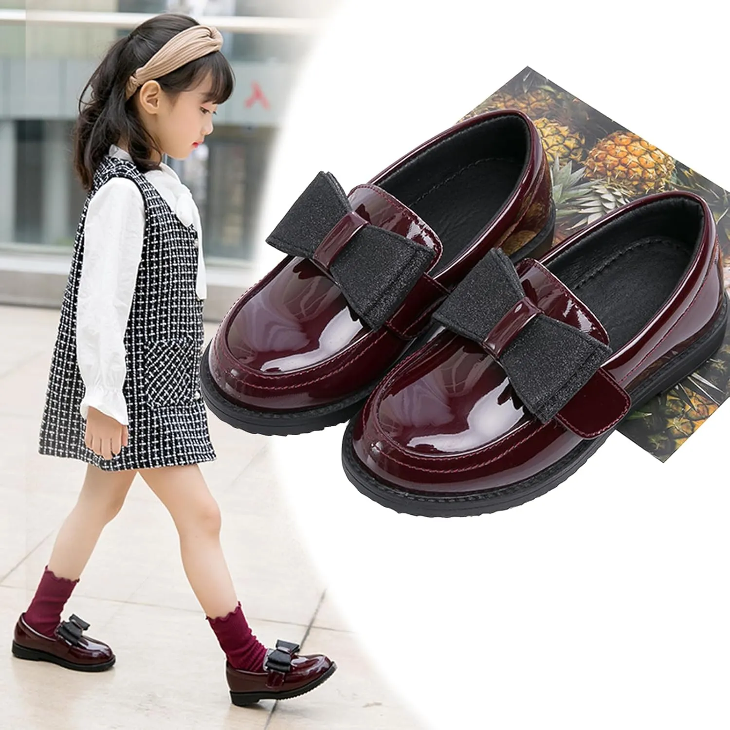 WUIWUIYU Girl's School Uniform Shoes Bow Cute Dress Oxfords Slip-on Hook-and-Loop Preppy Style Flat Shoes
