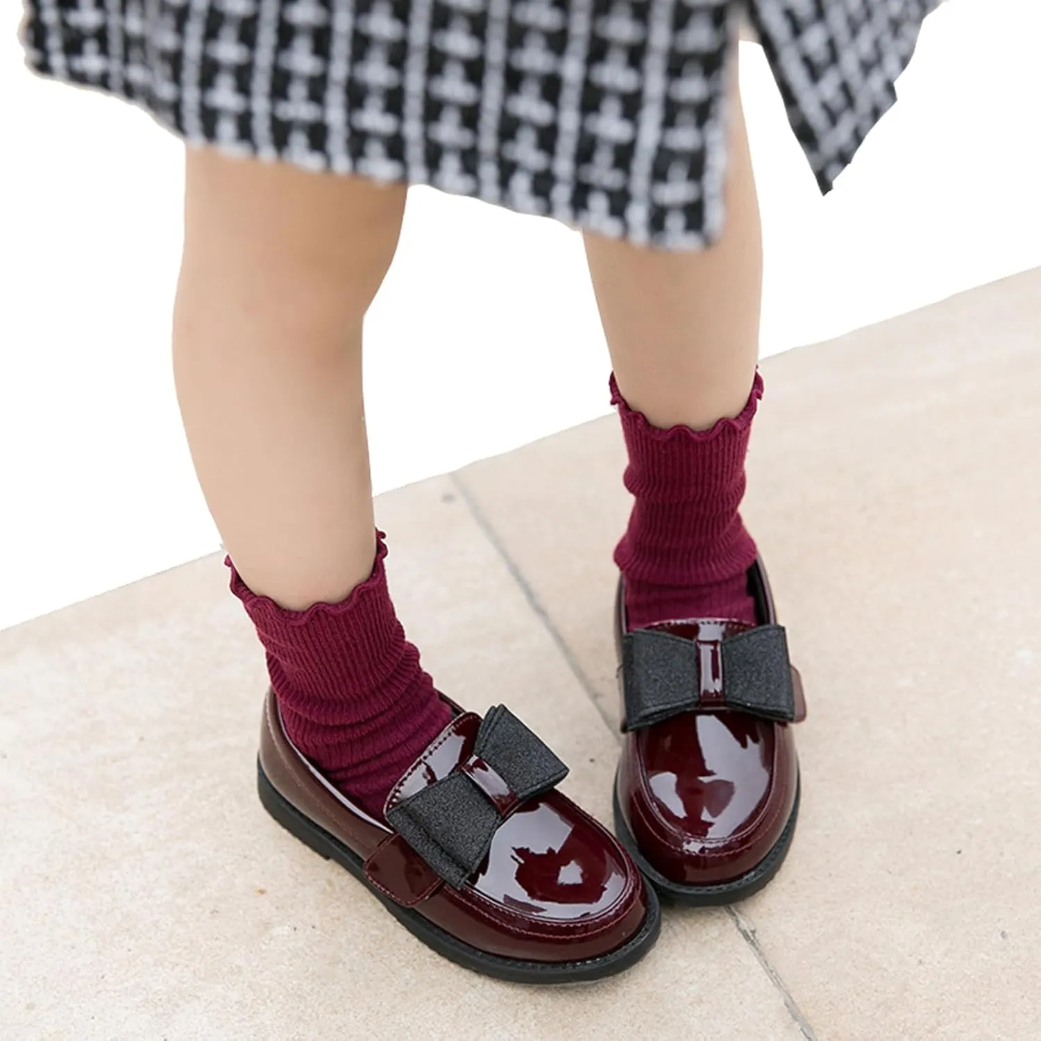 WUIWUIYU Girl's School Uniform Shoes Bow Cute Dress Oxfords Slip-on Hook-and-Loop Preppy Style Flat Shoes