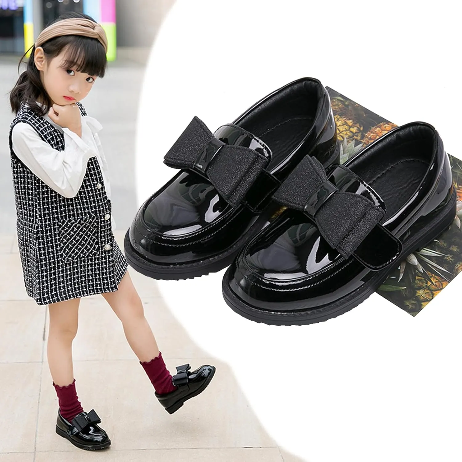 WUIWUIYU Girl's School Uniform Shoes Bow Cute Dress Oxfords Slip-on Hook-and-Loop Preppy Style Flat Shoes
