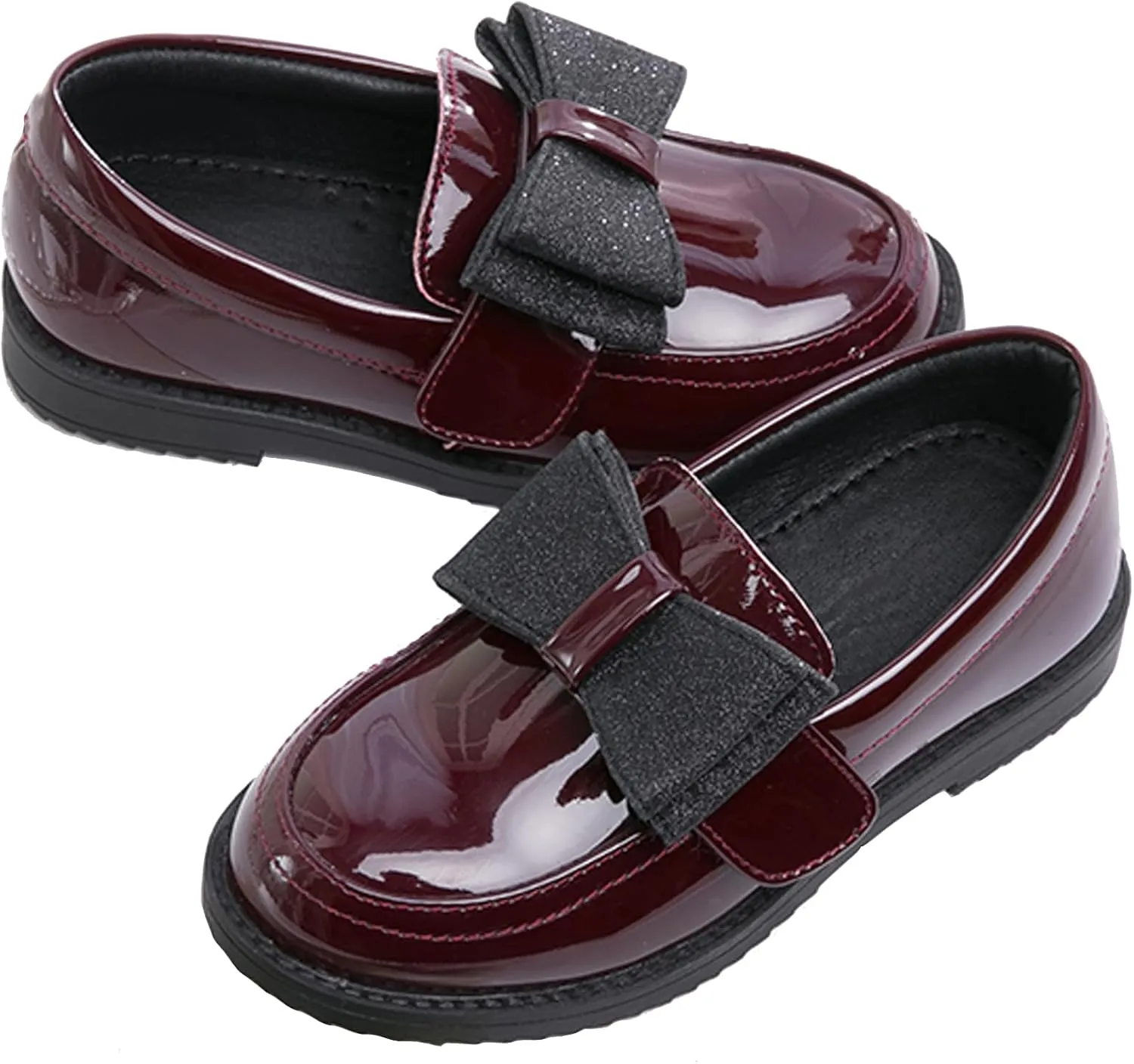 WUIWUIYU Girl's School Uniform Shoes Bow Cute Dress Oxfords Slip-on Hook-and-Loop Preppy Style Flat Shoes