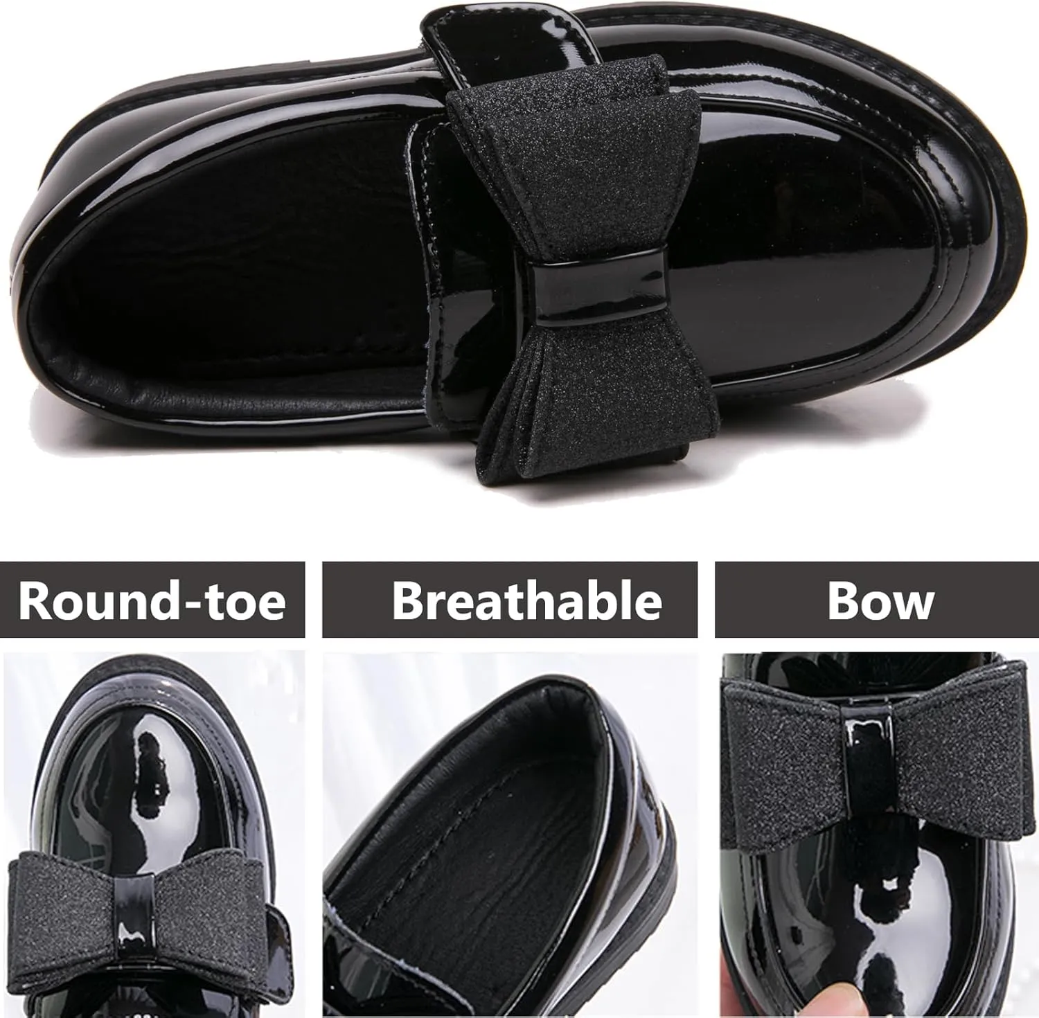 WUIWUIYU Girl's School Uniform Shoes Bow Cute Dress Oxfords Slip-on Hook-and-Loop Preppy Style Flat Shoes