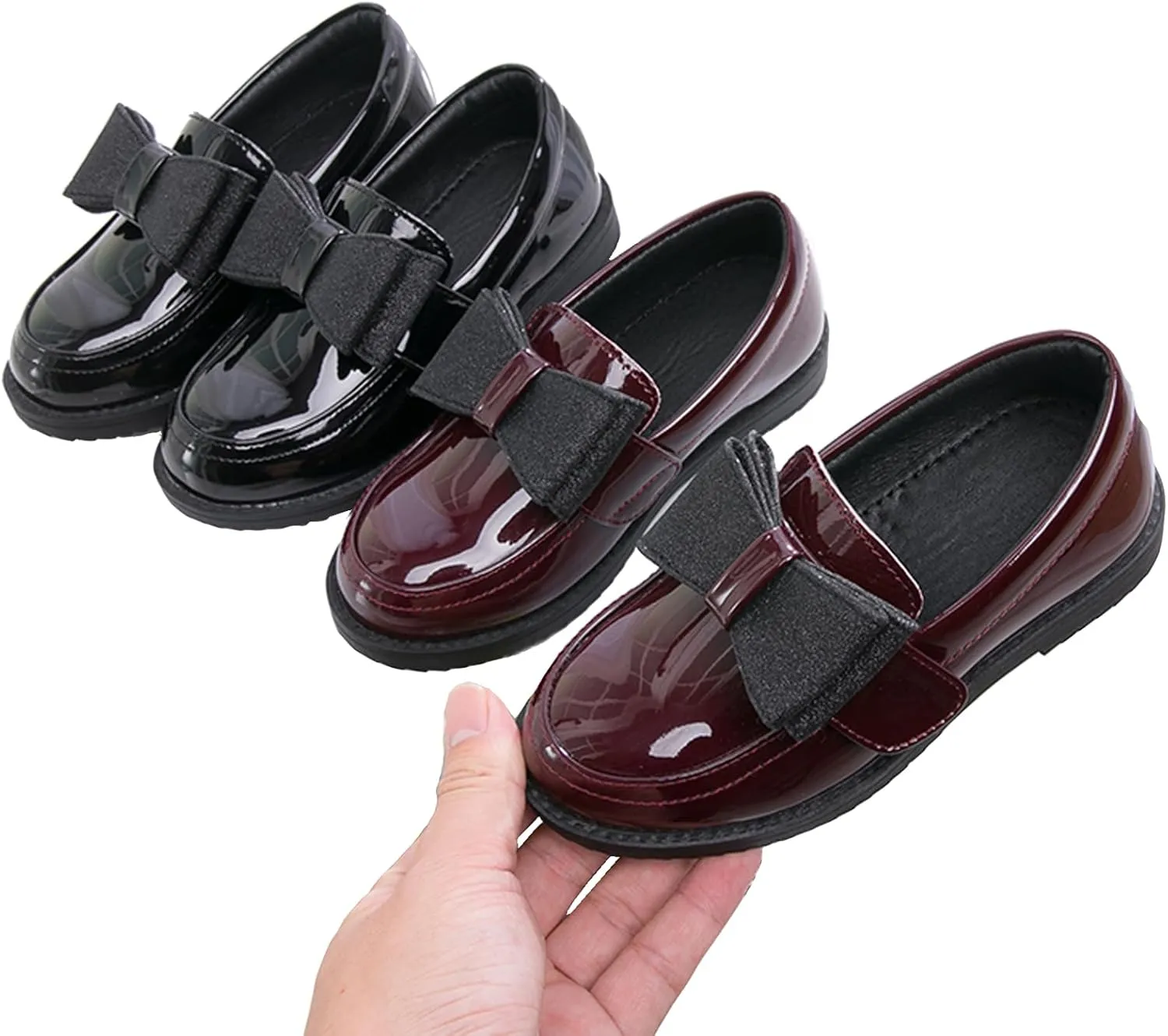 WUIWUIYU Girl's School Uniform Shoes Bow Cute Dress Oxfords Slip-on Hook-and-Loop Preppy Style Flat Shoes