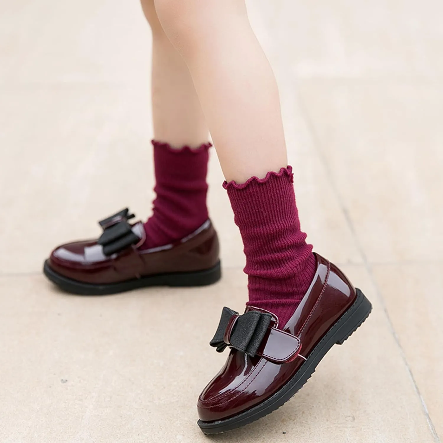 WUIWUIYU Girl's School Uniform Shoes Bow Cute Dress Oxfords Slip-on Hook-and-Loop Preppy Style Flat Shoes