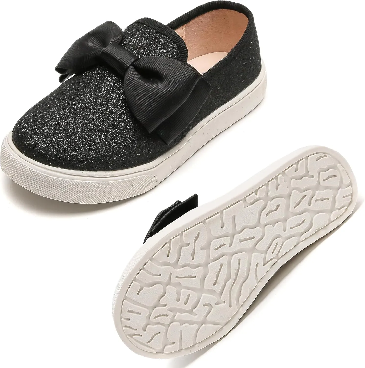 WUIWUIYU Girls Toddlers School Uniform Shoes Loafers Sneakers Slip on Bow Sparkly Walking Casual Glitter Shoe Flats