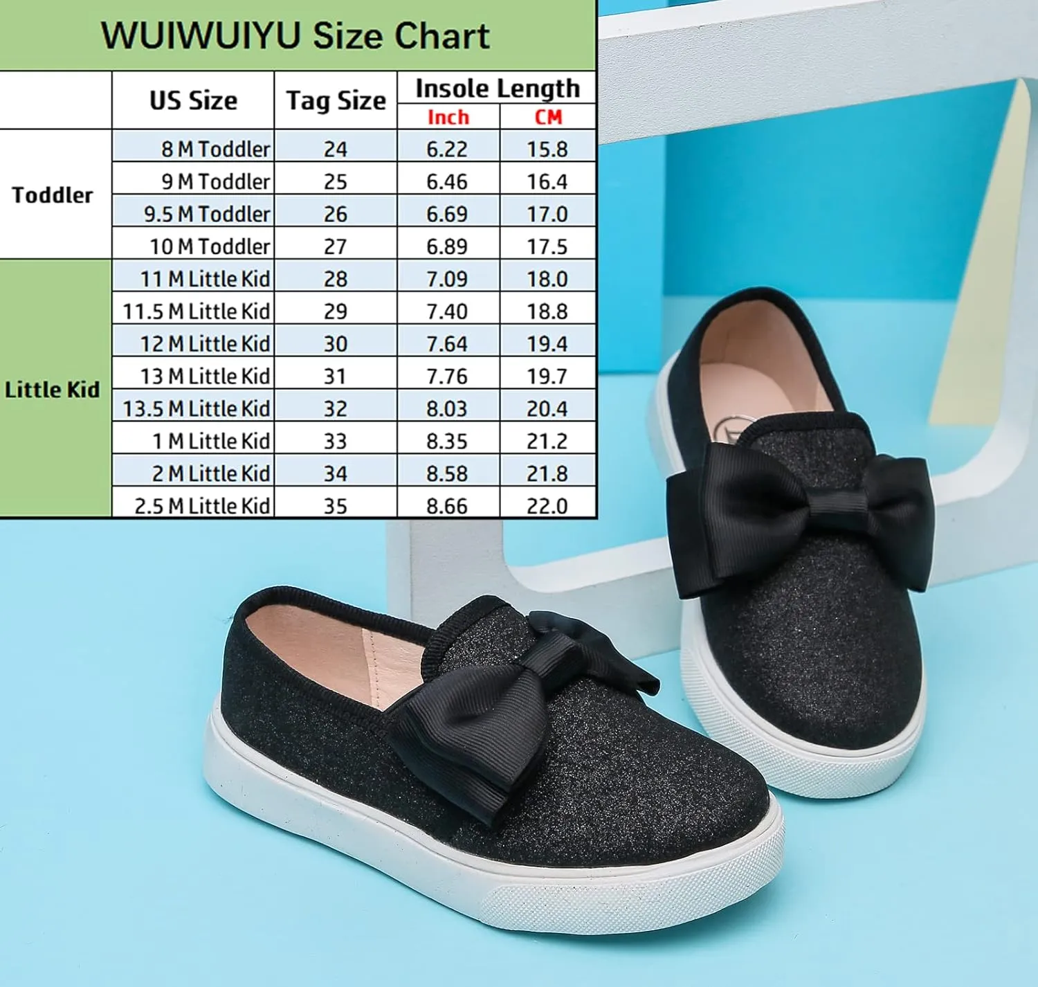 WUIWUIYU Girls Toddlers School Uniform Shoes Loafers Sneakers Slip on Bow Sparkly Walking Casual Glitter Shoe Flats