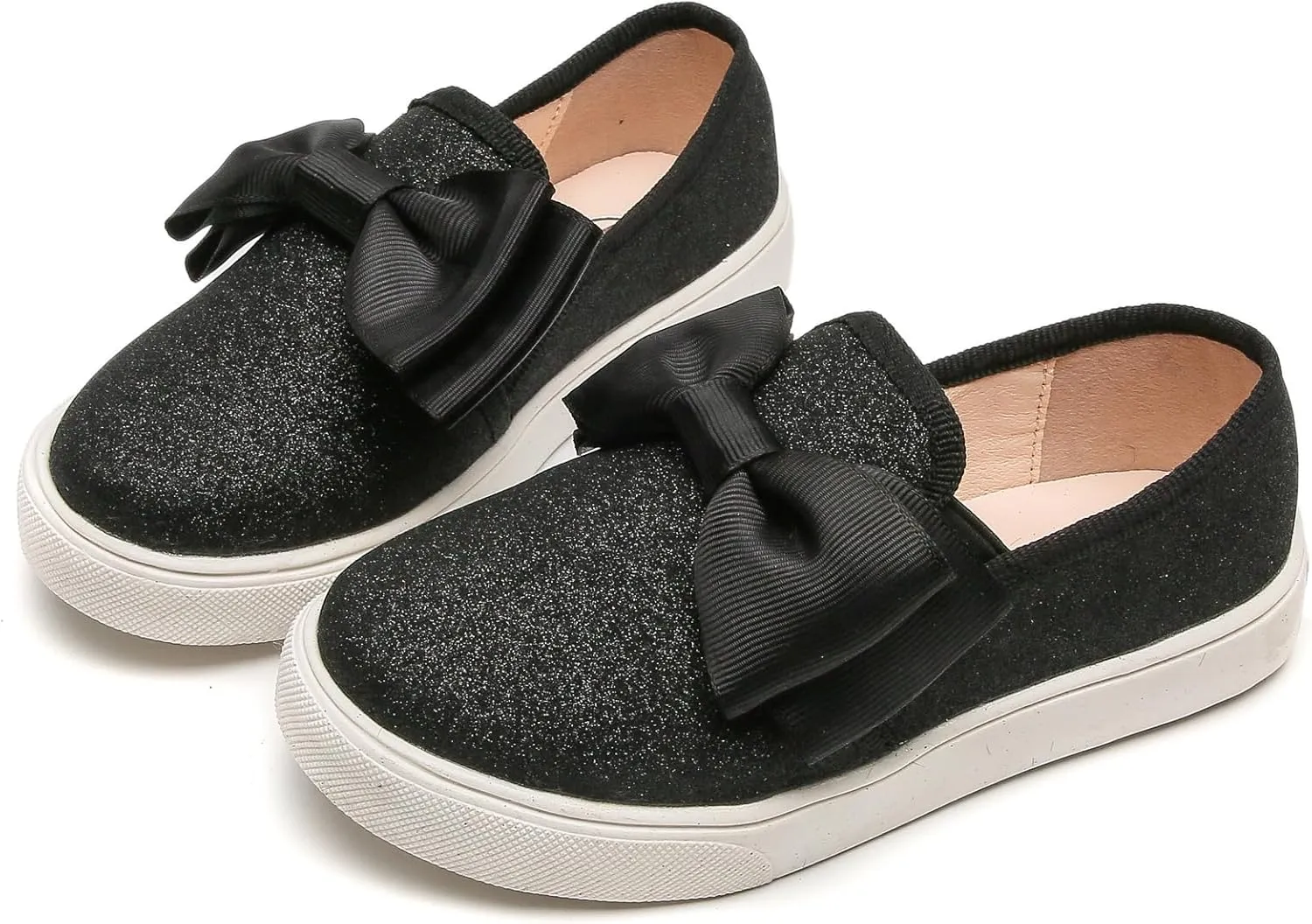 WUIWUIYU Girls Toddlers School Uniform Shoes Loafers Sneakers Slip on Bow Sparkly Walking Casual Glitter Shoe Flats