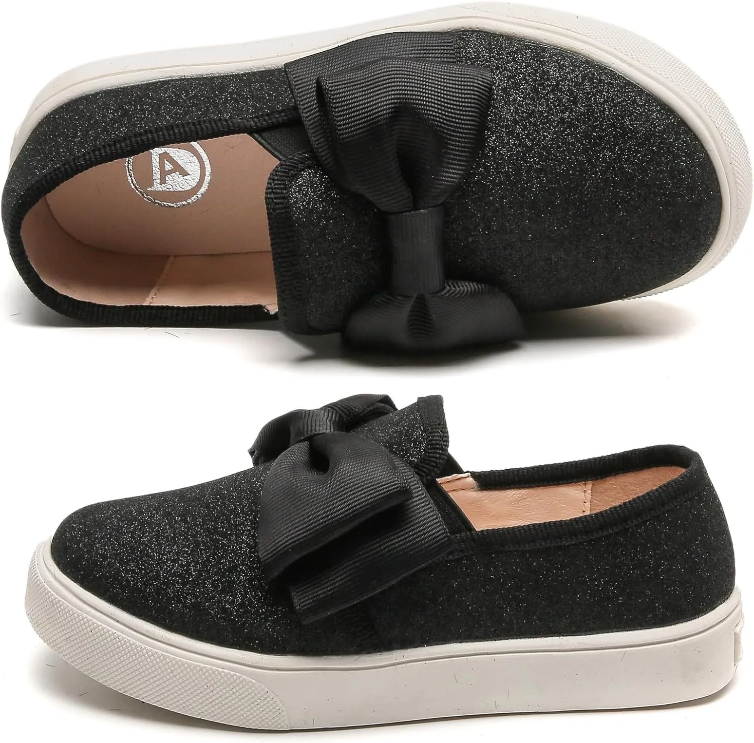 WUIWUIYU Girls Toddlers School Uniform Shoes Loafers Sneakers Slip on Bow Sparkly Walking Casual Glitter Shoe Flats