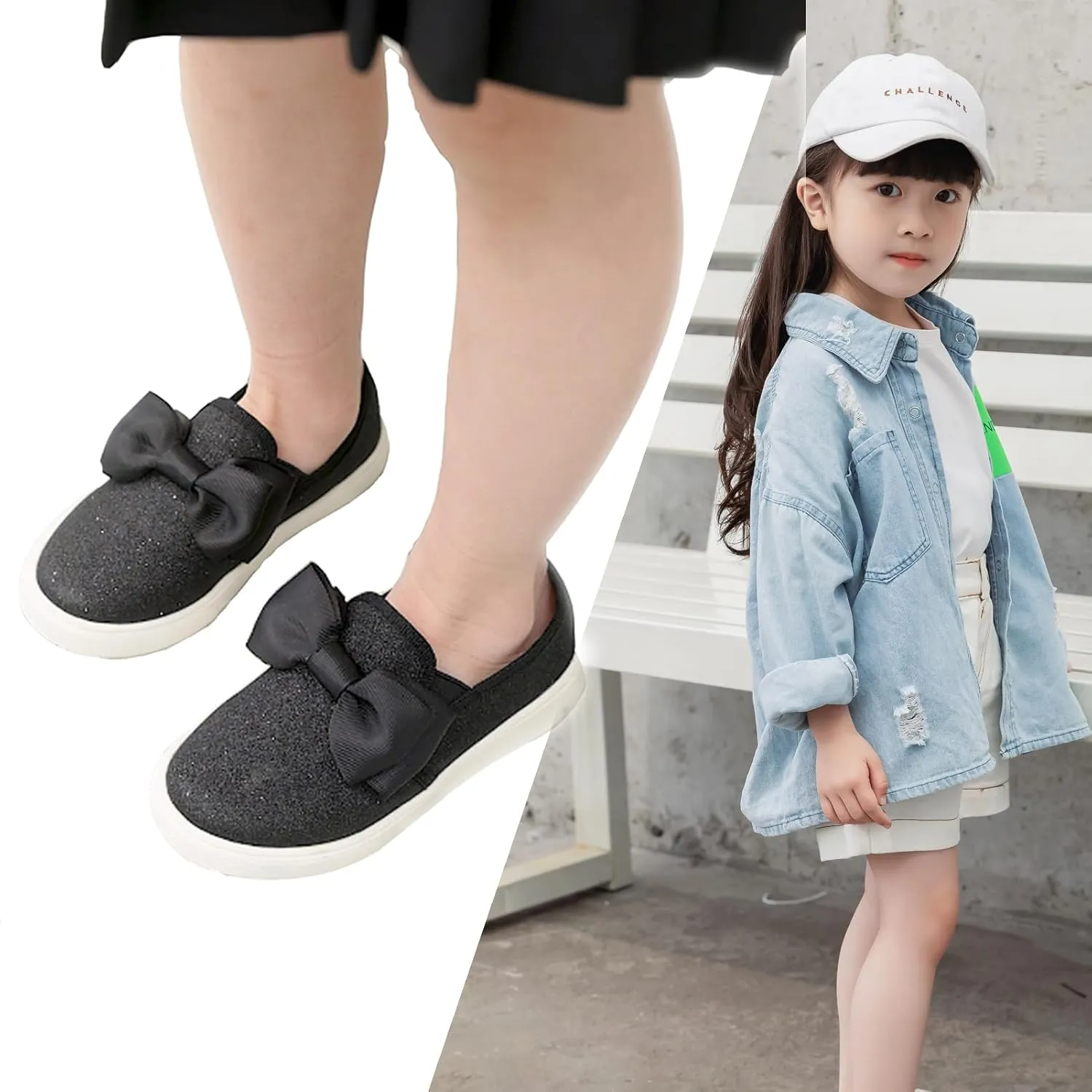 WUIWUIYU Girls Toddlers School Uniform Shoes Loafers Sneakers Slip on Bow Sparkly Walking Casual Glitter Shoe Flats