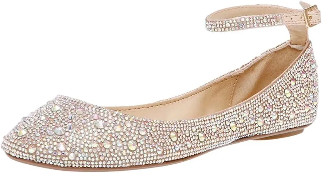 XYD Women Sparkle Rhinestones Ankle Strap Ballet Flats Studded Buckled Closed Round Toe Prom Dance Wedding Dress Shoes