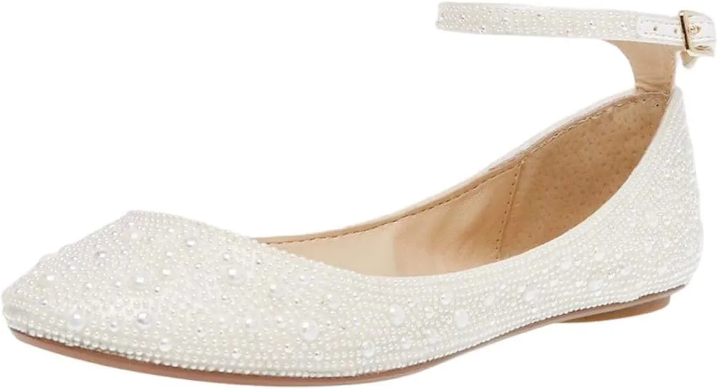 XYD Women Sparkle Rhinestones Ankle Strap Ballet Flats Studded Buckled Closed Round Toe Prom Dance Wedding Dress Shoes
