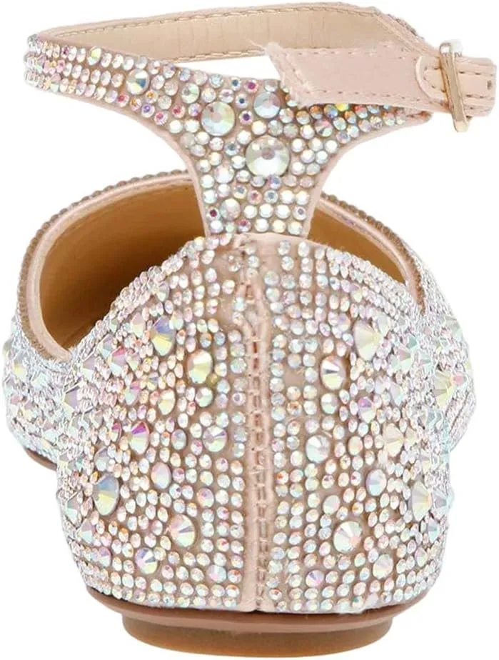 XYD Women Sparkle Rhinestones Ankle Strap Ballet Flats Studded Buckled Closed Round Toe Prom Dance Wedding Dress Shoes