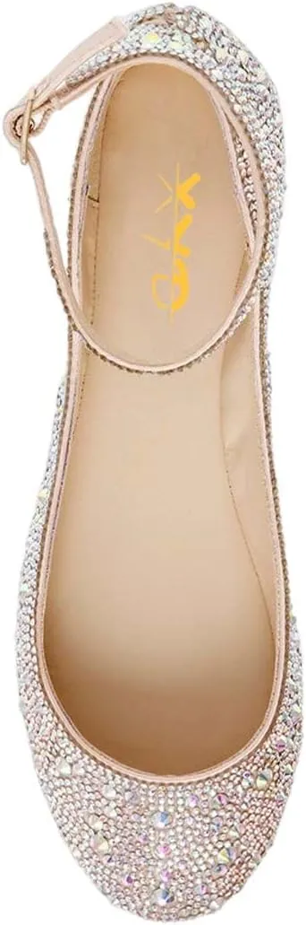 XYD Women Sparkle Rhinestones Ankle Strap Ballet Flats Studded Buckled Closed Round Toe Prom Dance Wedding Dress Shoes