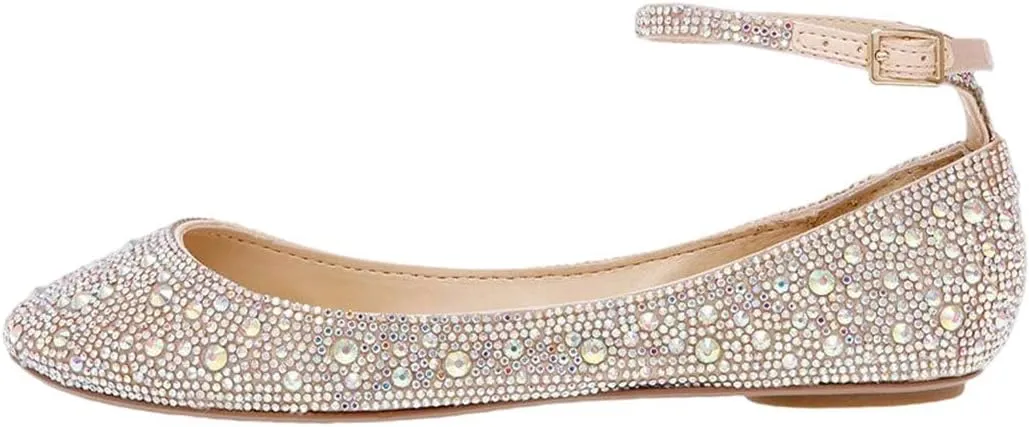 XYD Women Sparkle Rhinestones Ankle Strap Ballet Flats Studded Buckled Closed Round Toe Prom Dance Wedding Dress Shoes