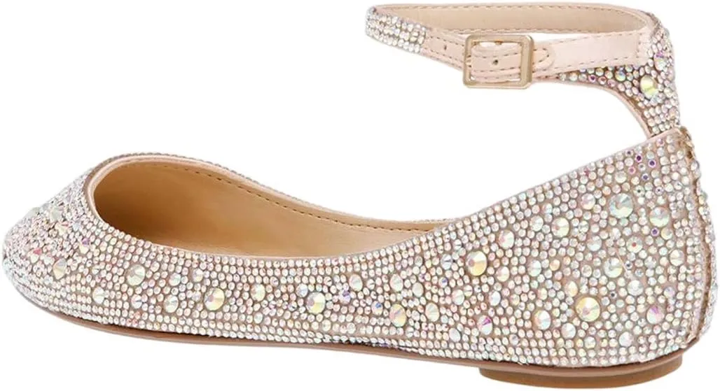 XYD Women Sparkle Rhinestones Ankle Strap Ballet Flats Studded Buckled Closed Round Toe Prom Dance Wedding Dress Shoes