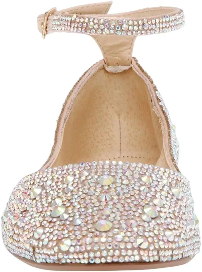 XYD Women Sparkle Rhinestones Ankle Strap Ballet Flats Studded Buckled Closed Round Toe Prom Dance Wedding Dress Shoes