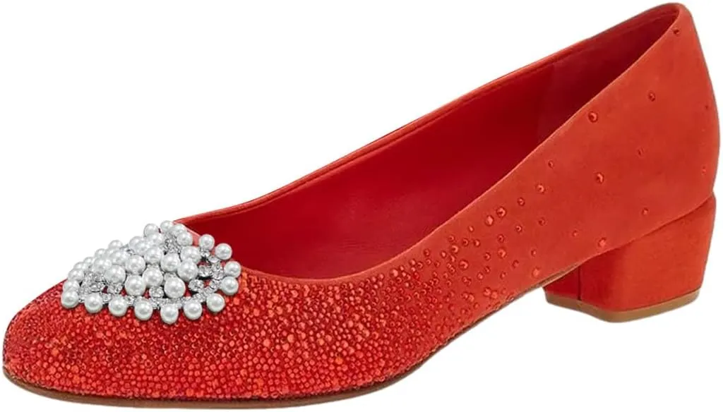 XYD Women Stylish Rhinestones Studs Block Low Heel Pumps Slip On Closed Round Toe Crystal Heart Brooch Sparkling Wedding Evening Shoes
