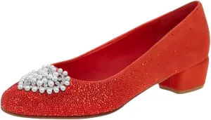 XYD Women Stylish Rhinestones Studs Block Low Heel Pumps Slip On Closed Round Toe Crystal Heart Brooch Sparkling Wedding Evening Shoes