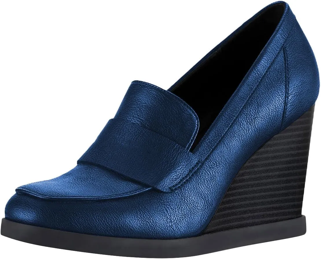 YDN Women Dressy Strappy Pumps Square Closed Toe Slip On Loafers Wedge High Heels Shoe Business Daily Size 4-15 US