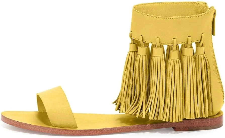 YDN Women Fashion Fringes Flats Tassels Open Toe Sandals Low-Heel Back Zipper Shoes